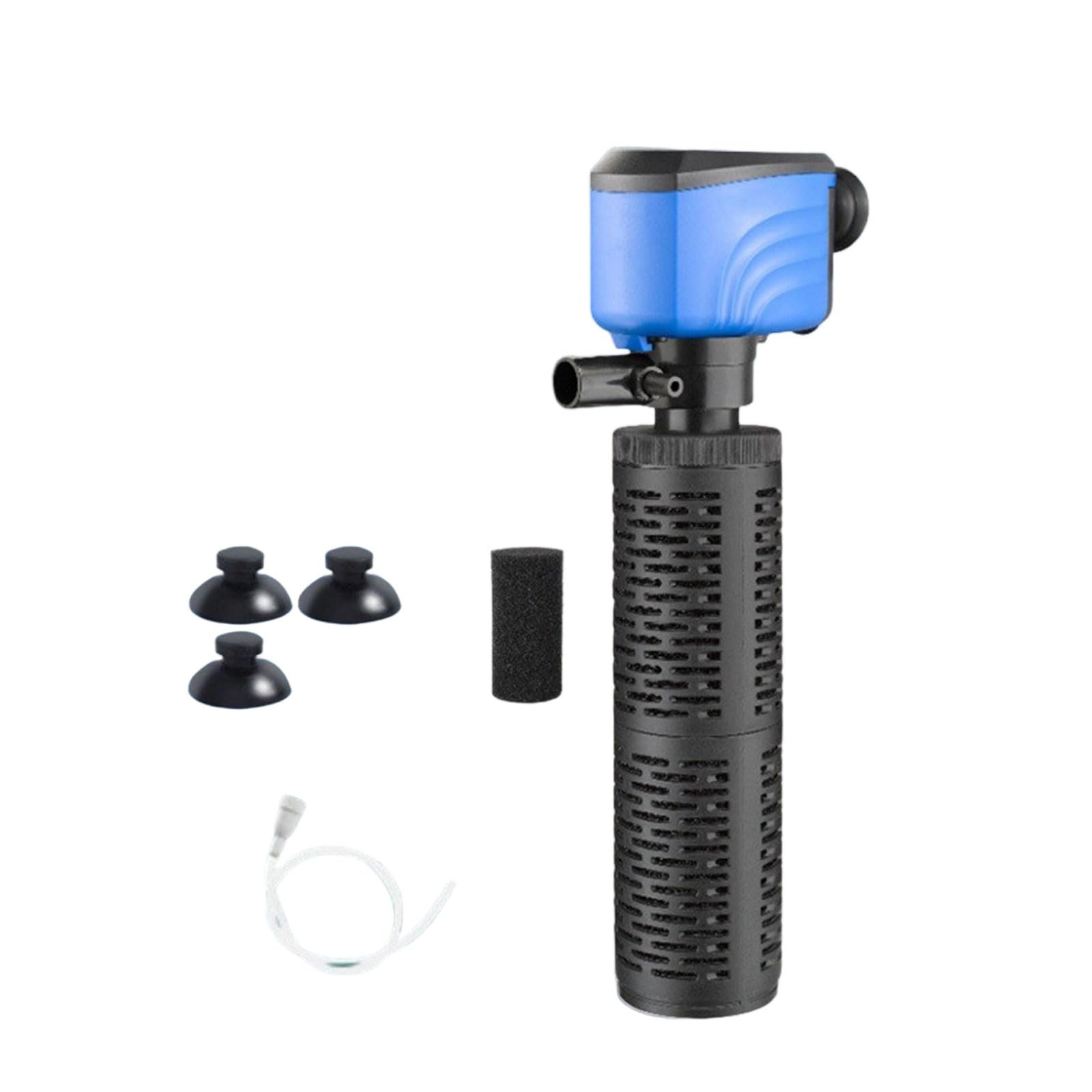 Submersible aquarium filter with triple action filtration for low energy consumption and low power consumption aquarium pump