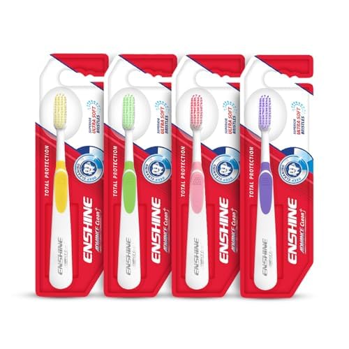Image of Enshine Advance Clean + Toothbrush Set | Ultra Soft Bristles, Compact Brush Head & Effective Tongue Cleaner | Complete Oral Care Manual Tooth Brush Set for Adults - Pack of 4 (Multicolor)