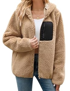 RITOSTA Fleecejacke Damen Winter Teddyjacke mit Kapuze Teddyfleece Kapuzenpullover Warme Herbstjacke Winterjacke Sherpa Damen-Jacken Zipper Hoodie Mantel Outdoor Plüschjacke mit Taschen(Kaki,S)