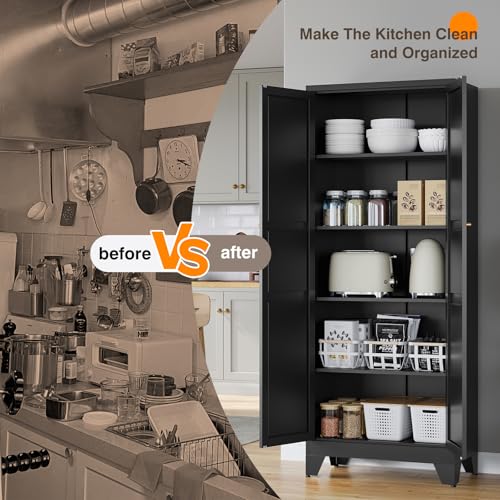 Image of Yizosh Metal Pantry Cabinet, 75 inch Kitchen Pantry with 2 Door and 4 Adjustable Shelves,Black Metal Pantry Storage Cabinet,Cupboard for Kitchen,Dining Room,Living Room and Bathroom