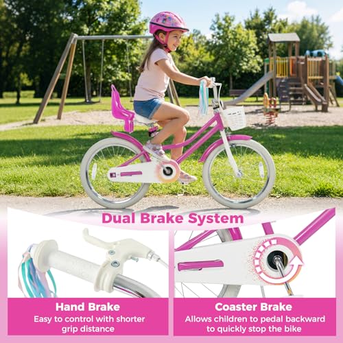 Image of BABY JOY Girls Bike with Streamers & Doll-Seat, Kids Bike for 3-8 Years Old | 12 14 16 18 20 Inch Children Bicycle w /Detachable Training Wheels or Kickstand, Storage Basket, Adjustable Seat and Handlebar