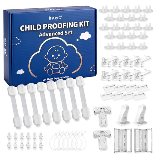 Inaya Baby Proofing Kit Advanced Set 50 Pack - Child Safety Hidden Locks for Cabinets & Drawers Adjustable Safety Latches Door Lever Locks and Outlet Covers and more - Keep Your Child Safe at Home