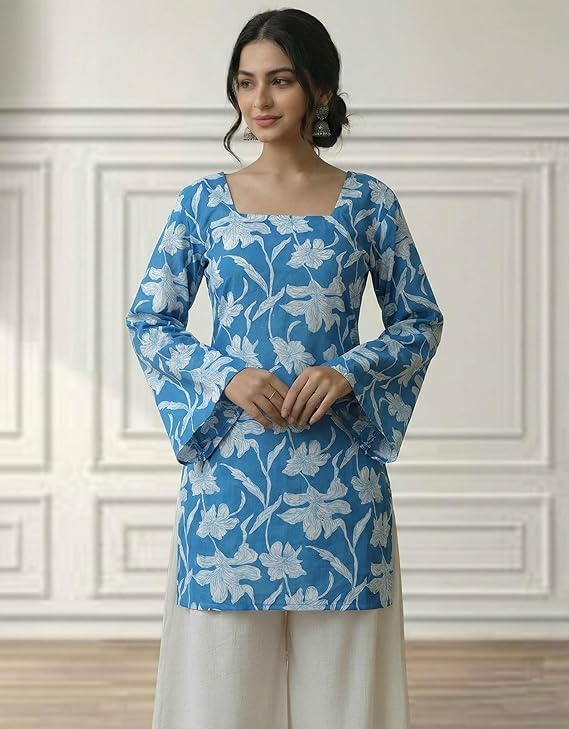 Image of MAHIRA'S Comfort Women's Short Kurti, Rayon Tunic Top with 3 /4 Embroidered Designer Sleeves | Soft Breathable Fabric | Office & Casual Kurti for Jeans, Leggings & Trousers
