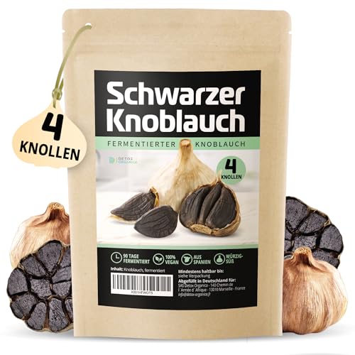 Detox Organica Schwarzer Knoblauch, 4 Knollen fermentierter Knoblauch aus Spanien, 90 Tage fermentiert, große ganze Knollen, Frischer Black Garlic würzig-süß und vielseitig