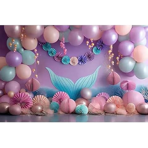 3D View Balloon Theme Photography Background Cloth/8x6ft Under The Sea Backdrop for Photoshoot Purple Corals Pearls Photography Background Party Decorations for Girls Photo Shoot Props0-9 (7) Cover