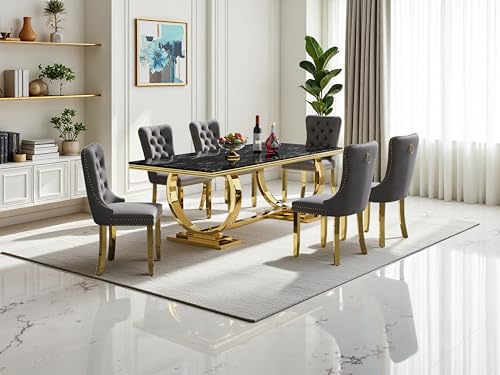 Maxtude 68" Marble Dining Table Set for 6, Modern Faux Marble Dining Table with 6 Black Velvet Dining Chairs Set, Kitchen Table with Gold Stainless Steel Pedestal, 7 Piece Dining Table Set