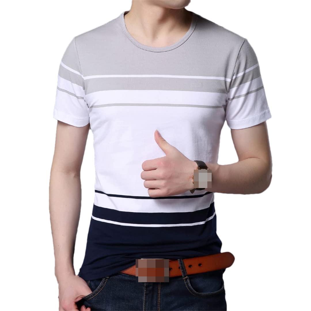 Maglietta estiva a maniche corte da uomo con scollo rotondo T-shirt elastica a righe, grigio, XXL
