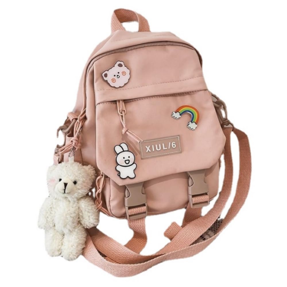 Mini Backpack Aesthetic Backpack Cute Canvas Backpack Casual Travel Daypacks Solid Color (Bag Badge Bear,Pink)
