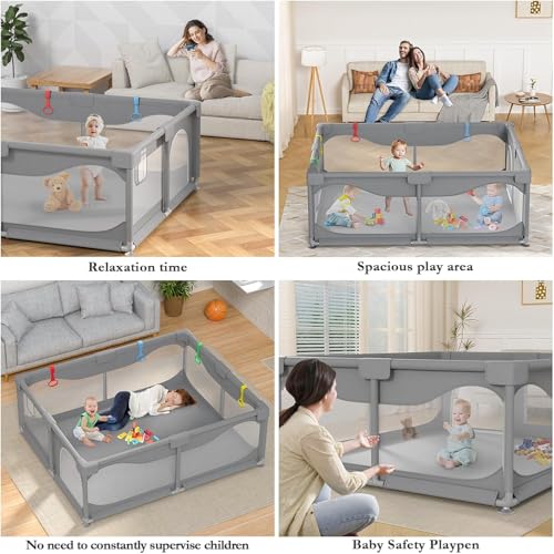 قفص لعب للاطفال من سكاي تاتش، ساحة لعب كبيرة جدا للاطفال، محمولة للاماكن المغلقة والمفتوحة، انشطة ساحة لعب امنة مع شبكة جيدة التهوية وباب بسحاب، مع 100 قطعة من كرات المحيط وملحقاتها، رمادي، 150×180 سم