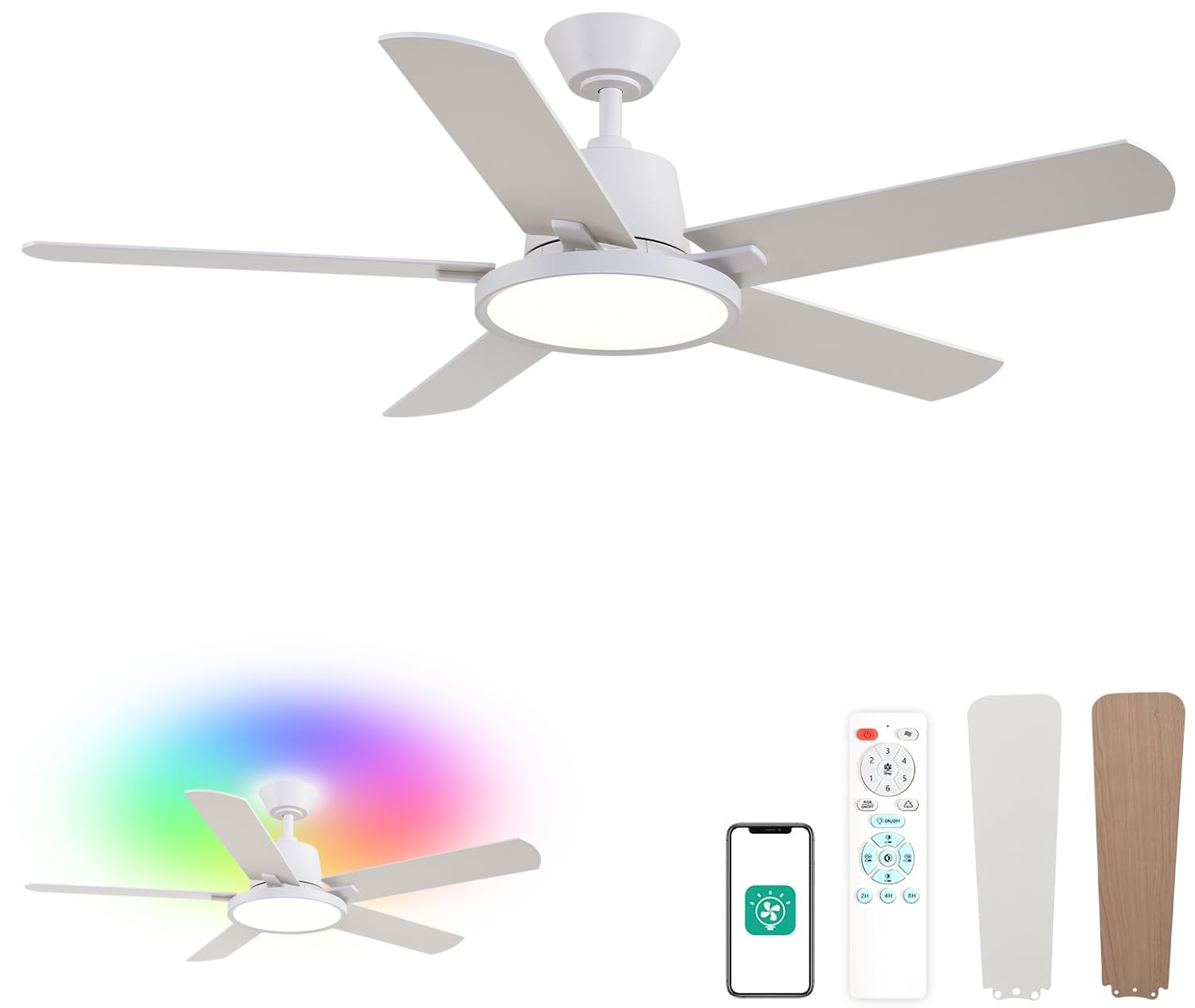 Photo 1 of Orison Ceiling Fans with Lights UNKNOWN SIZE OF FAN******Low Profile Ceiling Fan with RGB Backlight, Flush Mount Ceiling Fan with Remote and App Control,White Bedroom Fan, 6 Speeds, 3 Reversible Blades (White RGB)
