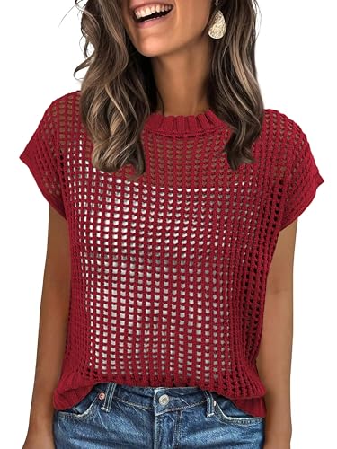 Image of ANRABESS Women's Tops 2026 Trendy Summer Shirts Crochet Cap Sleeve Knitted Sweater Spring Beach Vacation Clothes