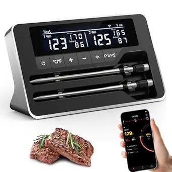 Meat Thermometer Wireless with 2 Probes, 800FT Bluetooth Digital Thermometer with Smart APP, Temp Precise Improved by 100%, Instant Read Food Thermometer with Alerts for Oven Smoker BBQ Grill