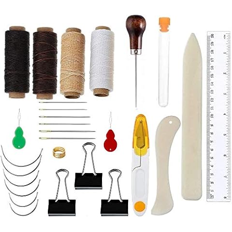 28 Stück Buchbinderei Werkzeuge Set Buchbinden Starter Set Groß Auge Gebogene Nadeln Gewachst Faden Clipper Knochen Ordner Papier Creaser Binder Clips Griff Ahle Herrscher für Handgemachte Büch (A) Cover