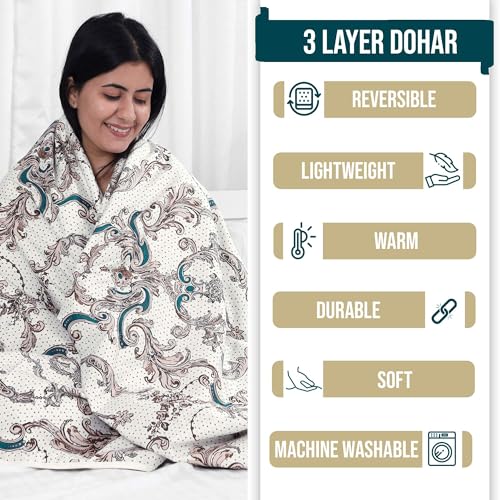 Image of Divine Casa Glace Cotton 120 GSM Reversible Lightweight Printed Double Bed AC Dohar Blanket Quilt - (Beige and Brown, 205 x 220 CM)| TC - 120