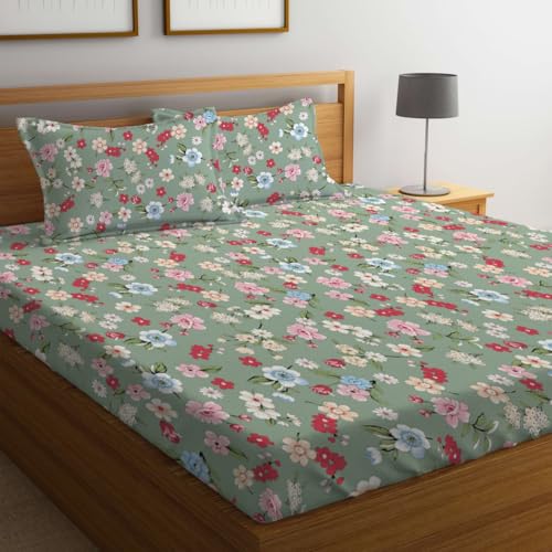 LOOMLYFE 300 TC Cotton Feel Glace Cotton Elastic Fitted Printed Queen Size Double Bed Bedsheet with 2 Pillow Covers Fits Upto 8 inches,Size- 60x78x10 Inches, Green Small Flower