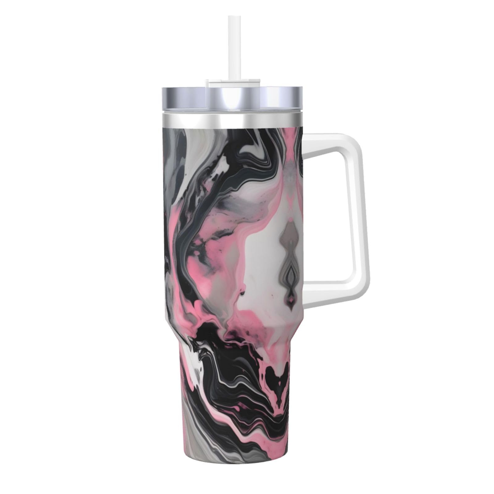 Wasserflasche aus Edelstahl, doppelwandig, isoliert, mit Griff und Strohhalm-Deckel, 1,2 l, Rosa mit abstrakter Tinte, Marmor-Grau