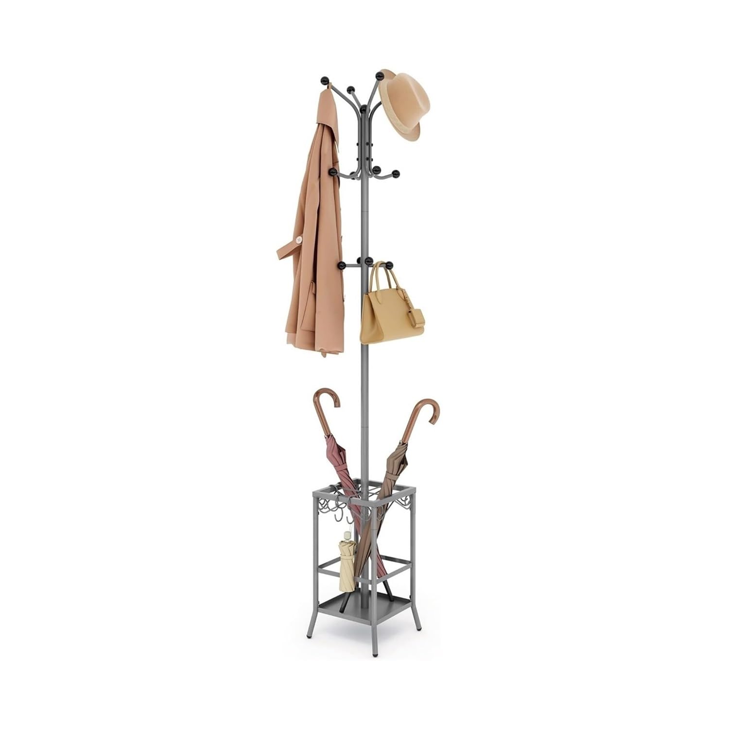DFHS46JK Hat Rack Coat Rack Freestanding With 12 Hooks Entryway Hanger Stand With Umbrella Holder For Coats, Scarves, Handbags for Office(Gris)