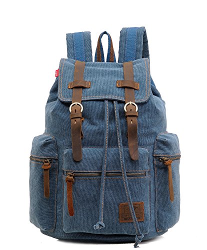 Vere Gloria Genuine Leather Canvas Backpack Laptop Bags for School Hiking Travel and Everyday Use(Blue)