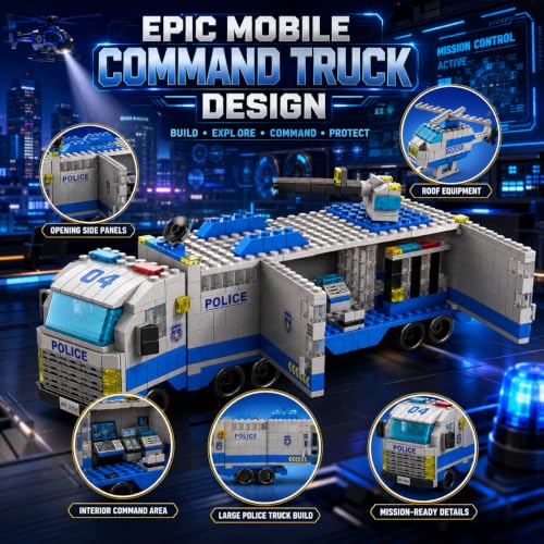Image of SKY LINE OCEAN City Police Mobile Command Truck Building Block Set, 1000+ PCS Police Vehicles, Helicopter & Airplane Construction Kit, STEM Toy for Kids, 5-Year Structural Warranty
