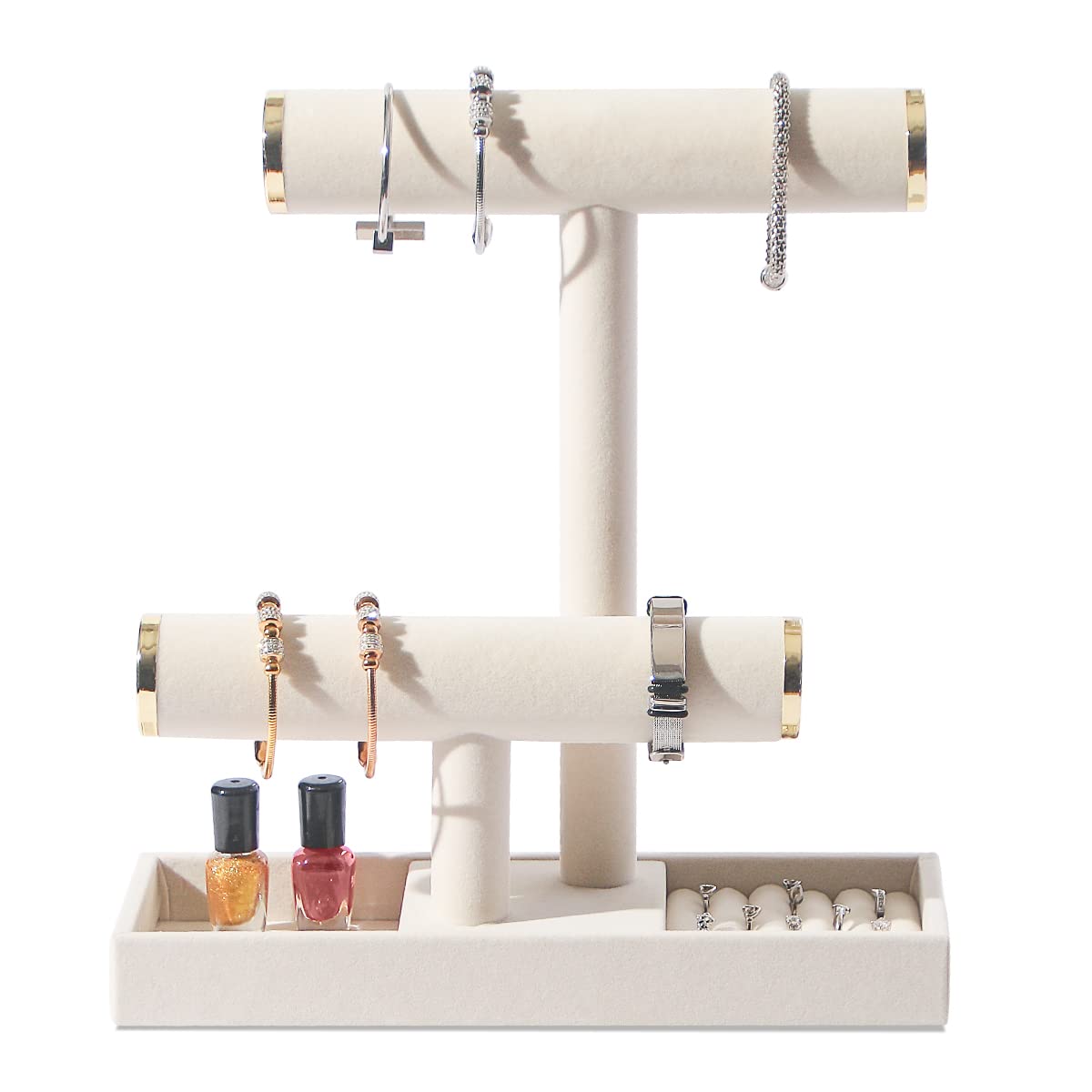 Byken 2 Tier Jewelry Holder,Necklace Bracelet Stand with Rings Tray,Beige White Velvet Jewelry Organizer with Metal Heads for Scrunchies Watches Chains