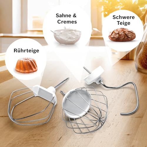 Bosch Küchenmaschine Serie 4, Knethaken, Rühr- & Schneebesen Edelstahl, Edelstahlschüssel spülmaschinenfest, 3D Rührsystem, weiß/silber, MUM58200 - 2