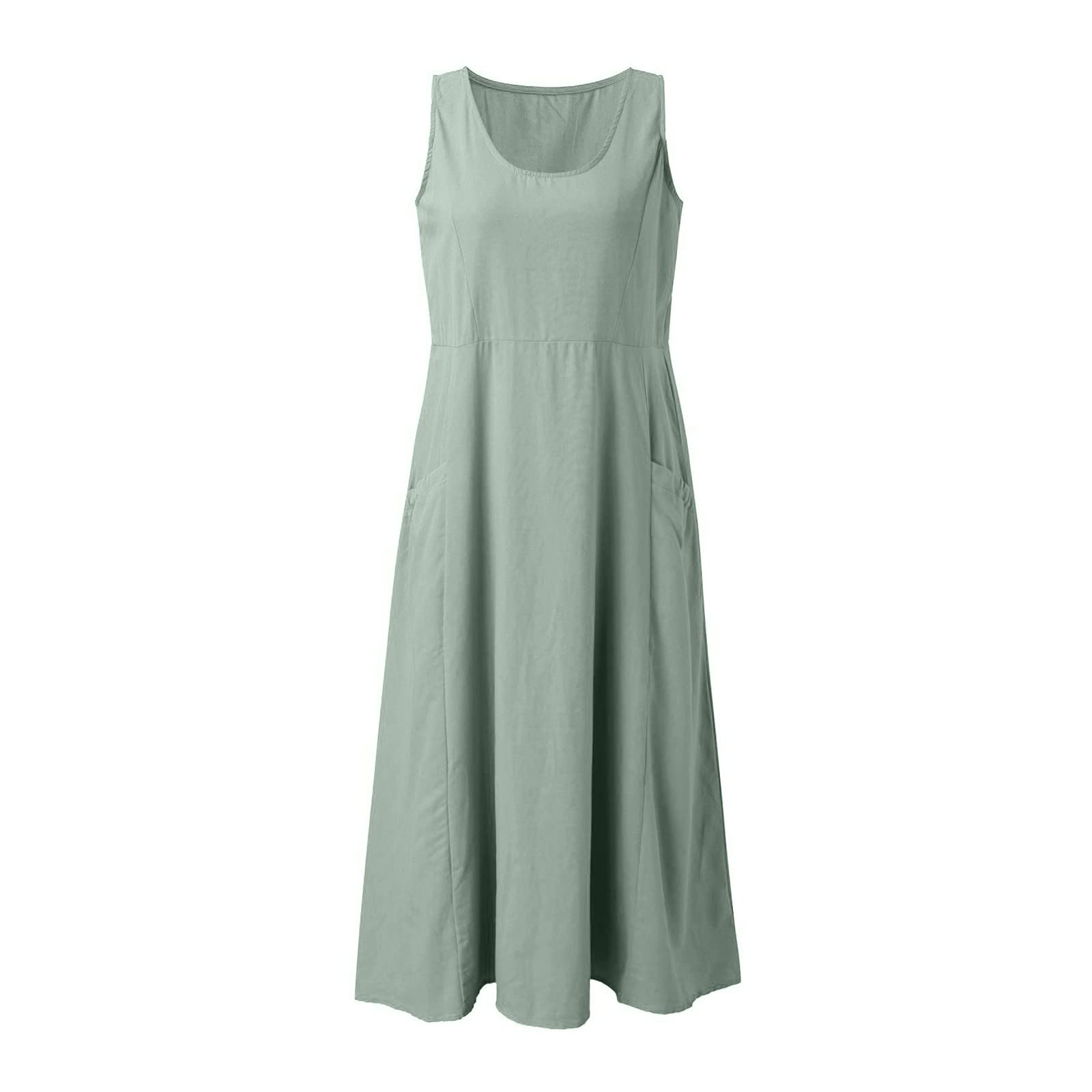 Robe Debardeur Femme Coton Lino Été Fluide Sans Manche Chic et Elegant Robes Col Rond Décontractée Grande Taille Robes avec Poches Couleur Unie Ample Boheme Plage Maxi Dress D'été Léger Robe Chemise
