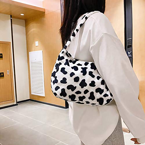 KESYOO Bolsa Feminina Bolsa de Pelúcia Padrão Vaca Bolsa de Ombro Macio Zíper Bolsa Novidade Bolsa C