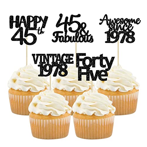 Gyufise 30 Pack Black Glitter 45Th Birthday Cupcake Toppers Vintage 1978 Awesome Since 1978 45 Fabulous Cupcake Picks 45Th Birthday Wedding Anniversary Party Cake Decorations Supplies #TOP8