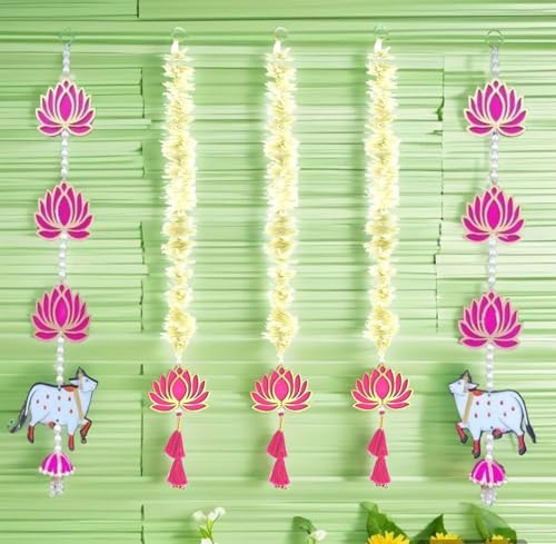 BENAVJI Handmade Artificial Flower Garland with Lotus & Cow Hanging for Decoration ? White & Pink Wall Hanging Toran for Pooja Room, Diwali, Home Temple, Wedding & Festival Decor (Set of 5) - Image 3 thumbnail