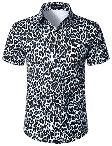 LucMatton Herren Hipster Kurzarm Button Down Leopard Print Shirt für Club Rock Party, Weiß / Leopardenmuster, XL Cover