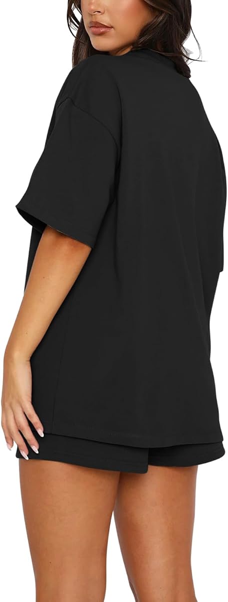 REORIA Women's Tracksuit Short Sleeve Crew Neck Plain Two Piece Leisure Suit Loungewear Outfit Jogger Tracksuit Set Black S — view 2