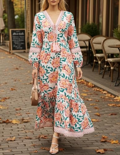 Image of Sunny Spirit Womens Maxi Boho Dresses Floral Print Summer V Neck 2025 Flowy Tassel Long Casual Dress with Long Puff Sleeves