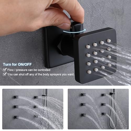 Sistema termostático de ducha doble Enga, cabezal de lluvia LED de 15.7 x 31.5 pulgadas para techo con cabezal de pared de 6 pulgadas y 6 jets corporales con interruptor, grifería multifunción de ducha, acabado negro mate miniatura 6