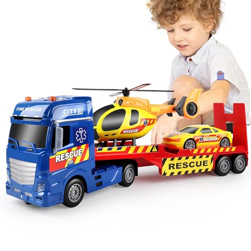 Dwi Dowellin Tow Truck Toy for Kids,25.6" Semi Truck Toy with Racing Car and Helicopter, Semi-Trailer with Lights & Sounds,Birthday Gift for 2 3 4 5 Years Old Boys and Girls