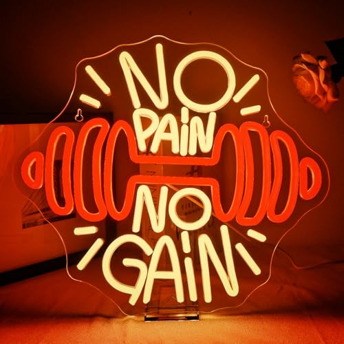 ineonlife No Pain No Gain Gym Neon Led, Mancuernas Luces Neon Naranjas Regulables para Decoración de Pared, Tira Led Neons para Estadio,Gimnasio,Sala de Entrenamiento