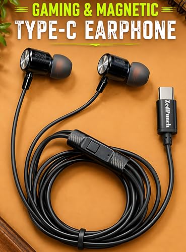 Image of ZedPunch Gaming Type-C Wired Earphone with Mic, 10mm Dynamic Bass Driver, Magnetic in-Ear Headphones, Low Latency Sound for Gaming, 1 Button Control, HD Calling, Voice Assistant, (Dark Black)