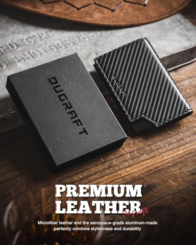Image of DUGRAFT Bifold Pop Up Wallet for Men, Slim Leather Credit Card Holder with Zipper Minimalist Women Magnetic Cash Coins Pocket Wallets RFID Blocking, CF Black, Minimalist