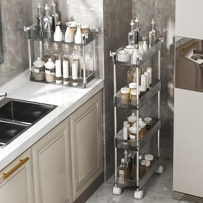 4-Tier Rolling Storage Cart, Mobile Shelving Unit Slide Out Storage Shelves Organizer for Kitchen Living Room BathroomBlack,14.8 Lx7.9 Wx36.4 H-nMRMiRtE