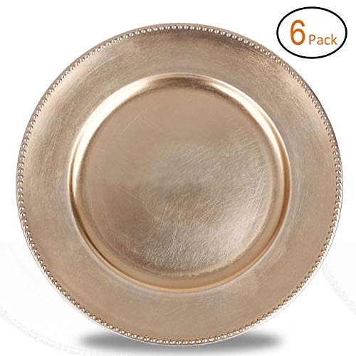 FANTASTIC :)  Round 13 Inch Plastic Charger Plates with Metallic Finish (6, Beaded Gold)