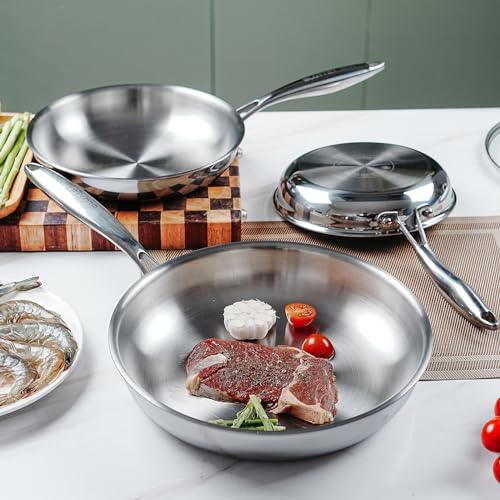 Frying-Pan-Set81012inch-Tri-Ply-Stainless-Steel-Frying-PanWhole-Clad-No-Coatings-Skillet-with-Stay-cool-Handle-for-CookingDishwasher-and-Oven-SafeInduction-Cookware-Sets
