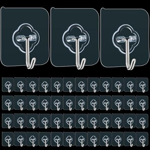 Adhesive Wall Hooks for Hanging, 50 Pack Heavy Duty Stainless Self Sticky Hooks, Waterproof and Rustproof Clear Self Adhesive Utility Hooks for Bathroom Kitchen Office Outdoor Inside Wardrobe Towel Cover