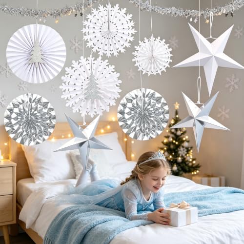 Image of Christmas Snowflake Decorations, White Paper Snowflakes Hanging Decor, Winter Wonderland Snowflake Paper Fans, Silver Paper Stars, Tinsel Garland for Xmas Wall Backdrop Frozen Birthday Party Supplies