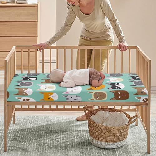 Image of Cute Cat Fitted Crib Sheet Cat Face Baby Crib Sheet Fit Standard Crib and Toddler Mattress,Crib Mattress Sheets for Boys Girls 28 inchx52 inch