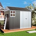 Jocisland 8.5x7.1x7.5 FT Outdoor Storage Shed with 4 Vents, Metal Shed with Lockable Double Hinged Doors for Backyard, Dark Black/White