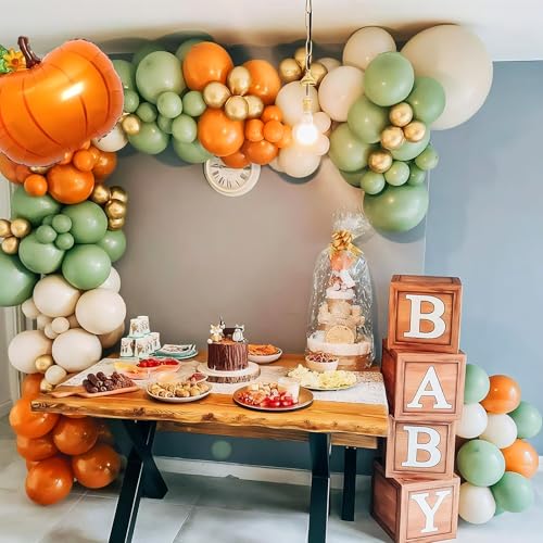 Image of Fall Balloons Garland Arch Kit, Burnt Orange Pumpkin Foil Balloons, Orange Green Sand White Gold Balloon for Little Pumpkin Baby Shower First Birthday Thanksgiving Fall Autumn Harvest Party Decoration