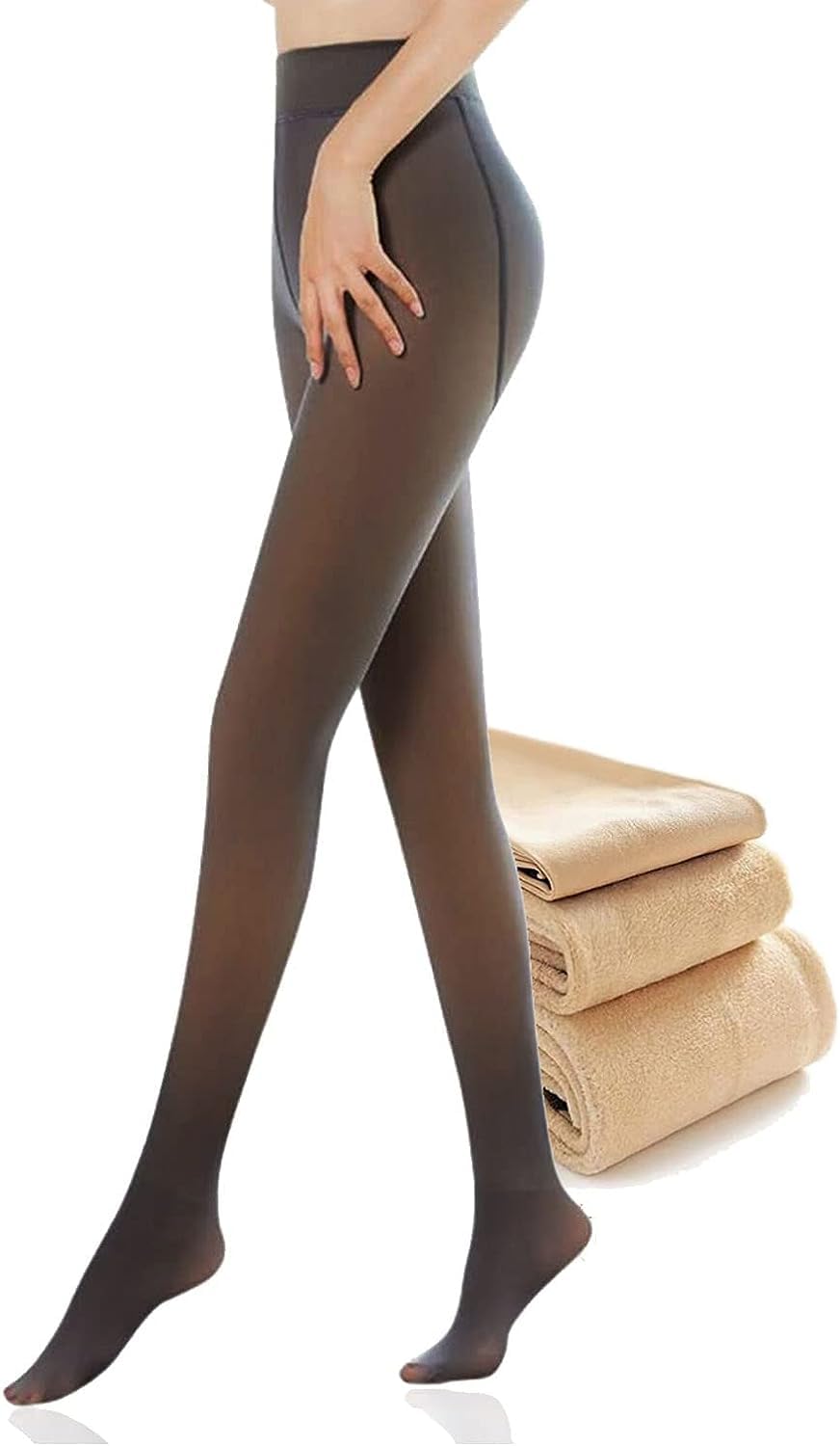 Women Tights High Waist Tummy Control Warm Pantyhose Fleece Lined Solid Color Stirrup/Footed Thermal Tights-image-1