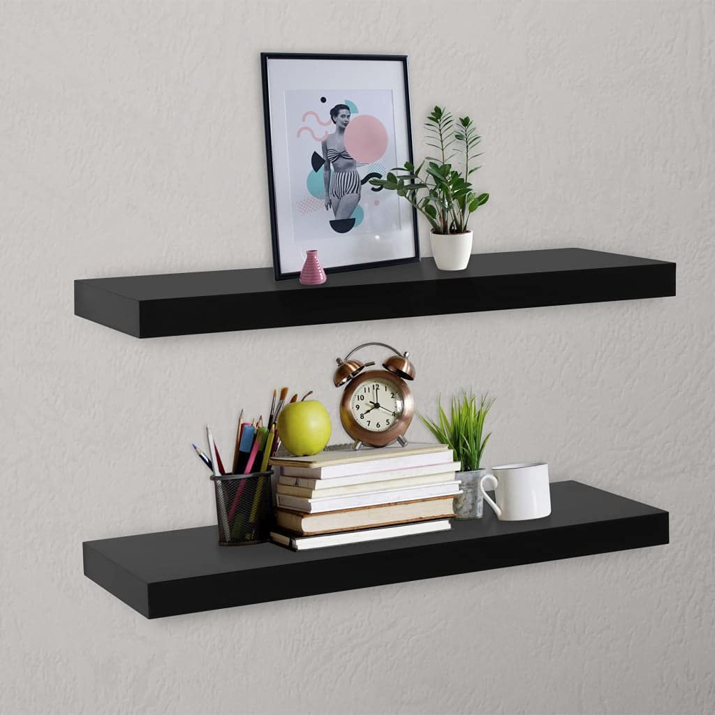 Zestaw regałów wiszących, 2 regały ścienne, czarne, 80 x 20 x 3,8 cm, z lakierowanej płyty MDF, niewidoczne mocowanie do regału na książki, półka ścienna do salonu, biura