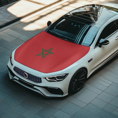 Image of Morocco Flag Print Car Hood Cover Elastic Polyester Car Hood Protector Auto Patriotic Decorations Waterproof Sunproof Automotive Exterior Accessories for Sports Events and Outdoor Use