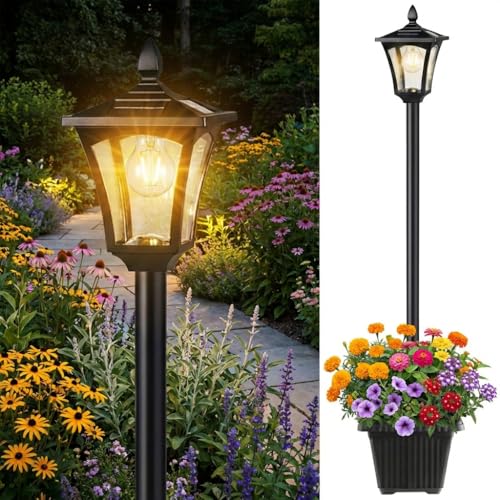 Benany 76' Solar Lamp Post Lights with Planter, Glass & Metal Street Light Outdoor Waterproof, 60 Lumens Dusk to Dawn Solar Pole Light for Garden, Yard, Driveway, Porch, Patio, Warm White