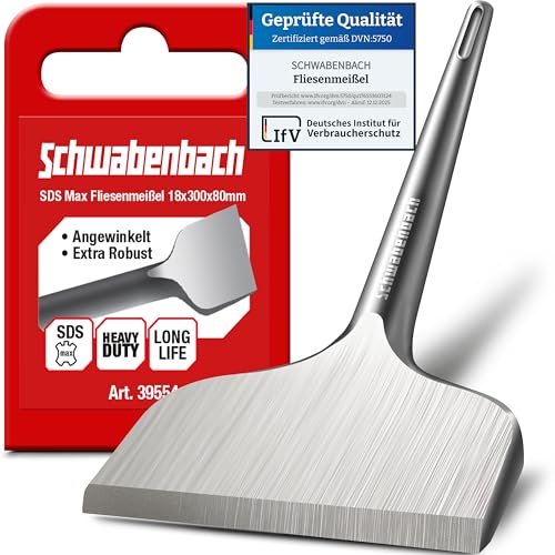 SCHWABENBACH® Cincel para azulejos SDS MAX 300 x 80mm acodado - Herramienta para quitar azulejos - Ideal para quitar revoque - Cincel plano - Punta extra endurecida - perforador para profesionales